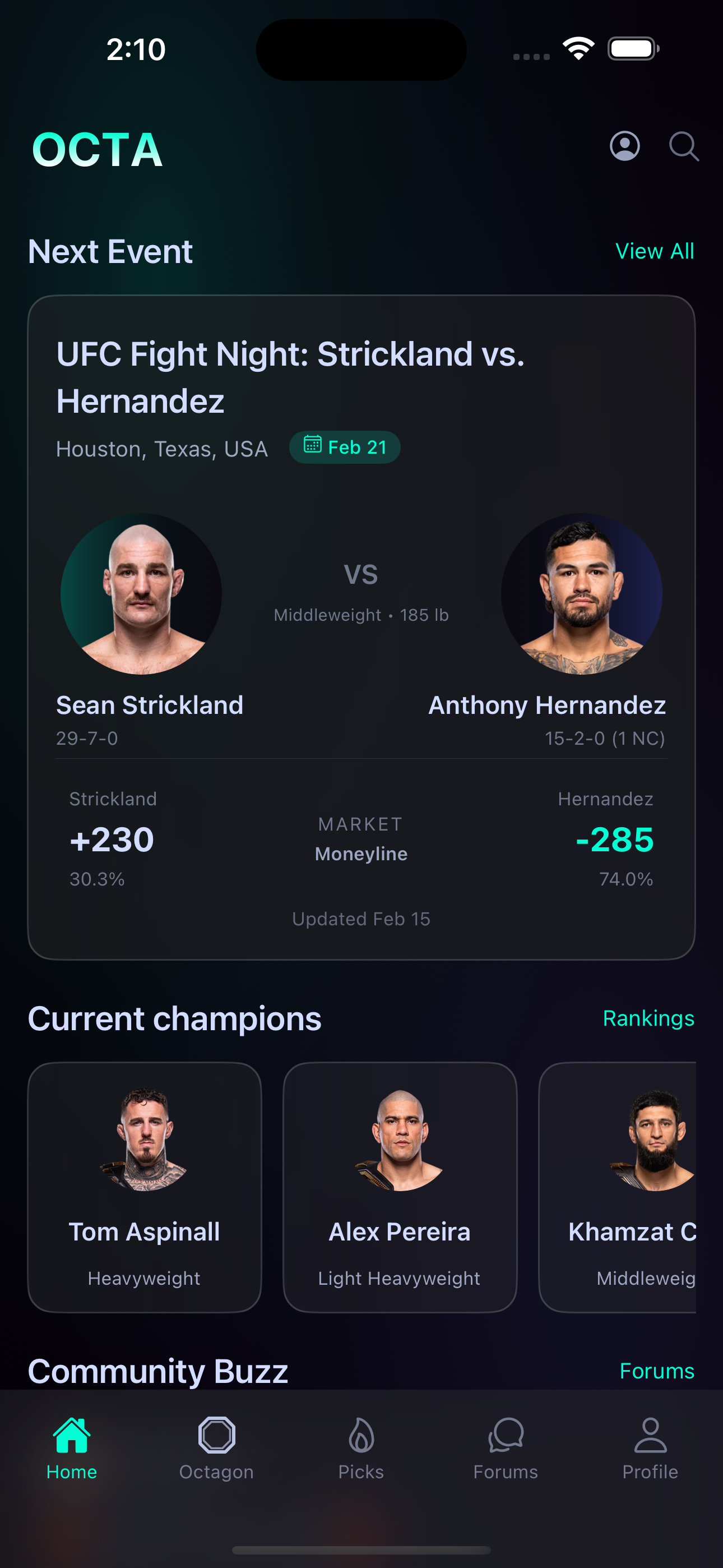 OCTA main screen showing next event and champions